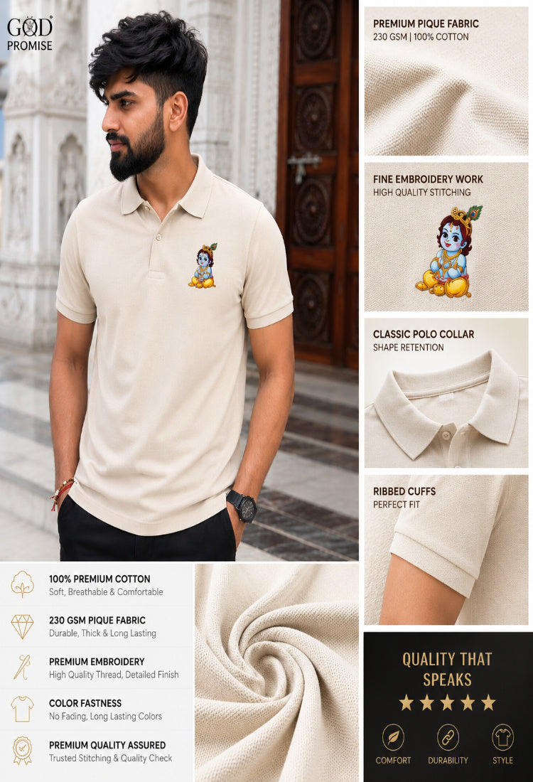 Premium Laddu Gopal Embroidered Polo T-Shirt | 100% Cotton | Divine Edition
