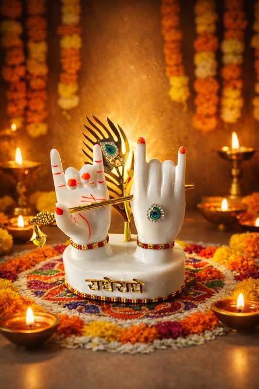 Radha Krishna Marble Hand Murti with Flute & Peacock Feather
