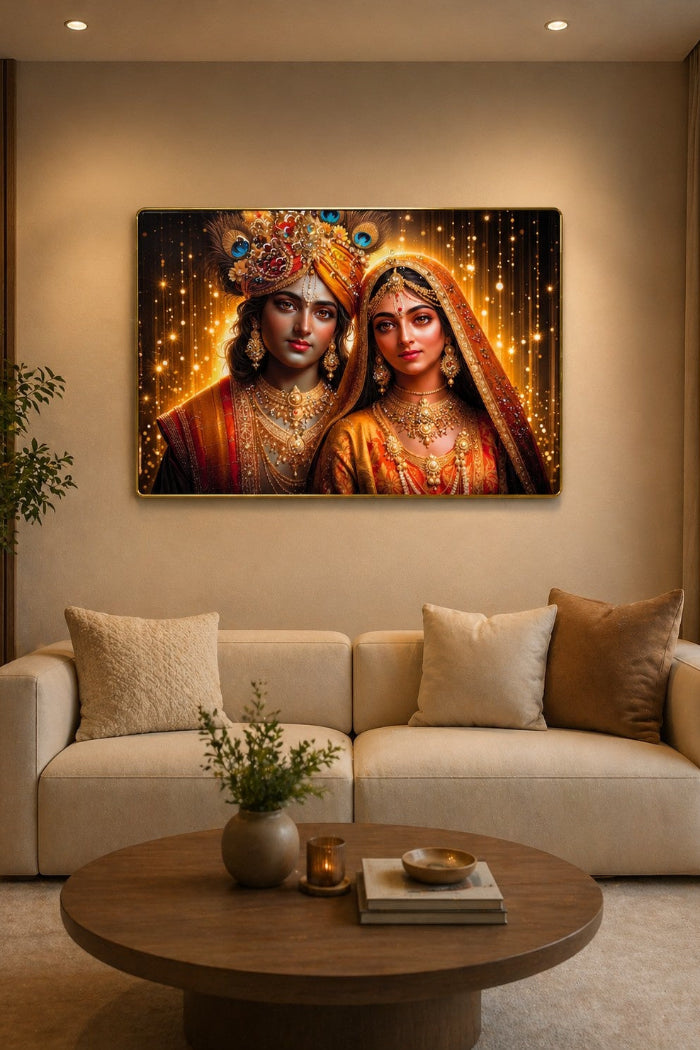 Radha Krishna Crystal Painting | Divine Love Wall Art | Premium Golden Sparkle Frame Decor