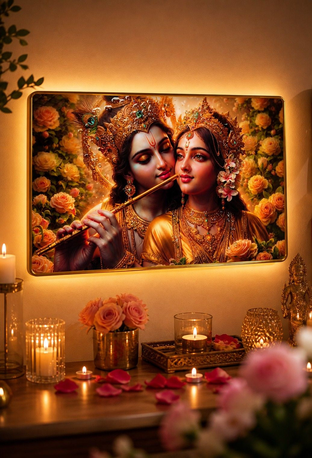 Golden Divine Radha Krishna Crystal Painting