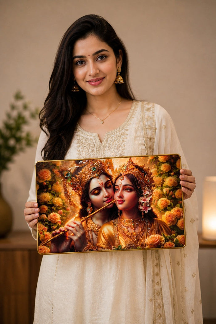 Golden Divine Radha Krishna Crystal Painting