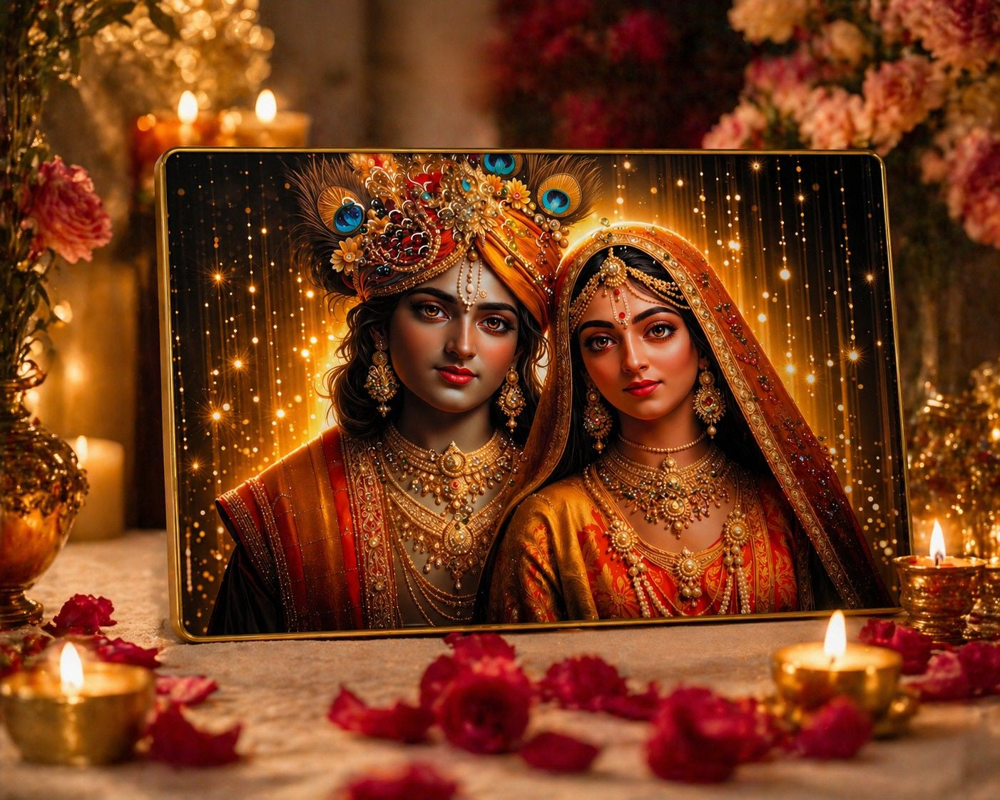 Radha Krishna Crystal Painting | Divine Love Wall Art | Premium Golden Sparkle Frame Decor