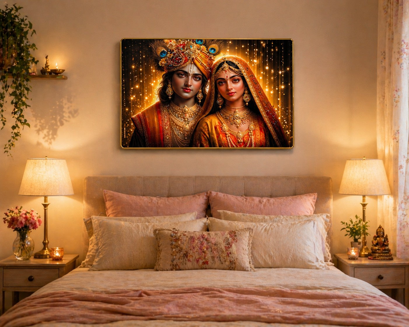 Radha Krishna Crystal Painting | Divine Love Wall Art | Premium Golden Sparkle Frame Decor