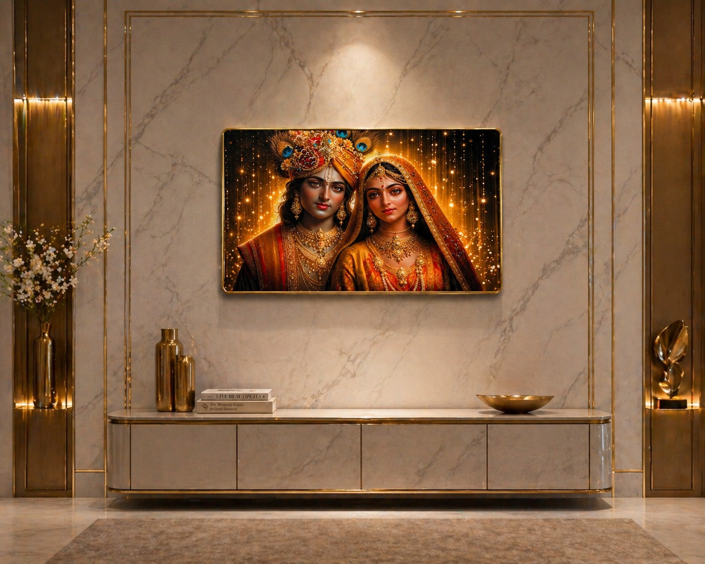 Radha Krishna Crystal Painting | Divine Love Wall Art | Premium Golden Sparkle Frame Decor