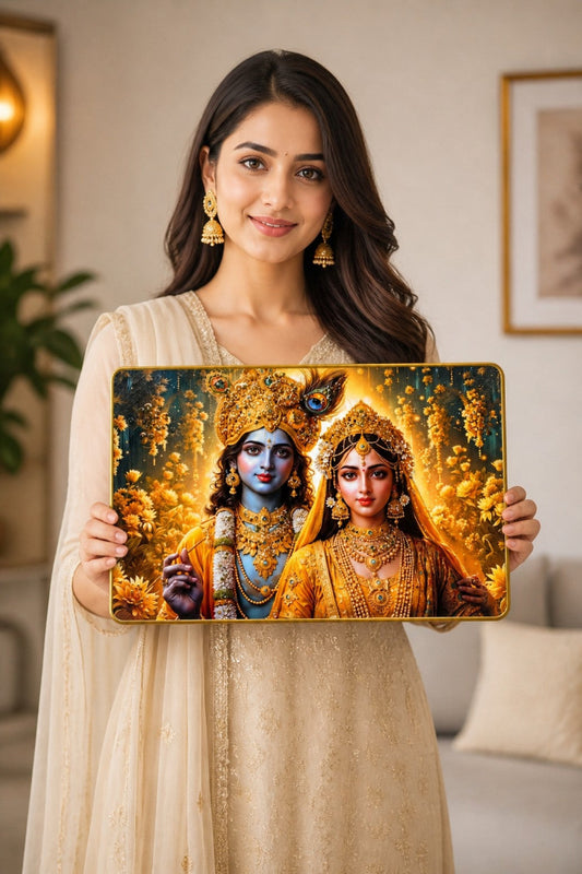 Golden Divine Radha Krishna Crystal Painting
