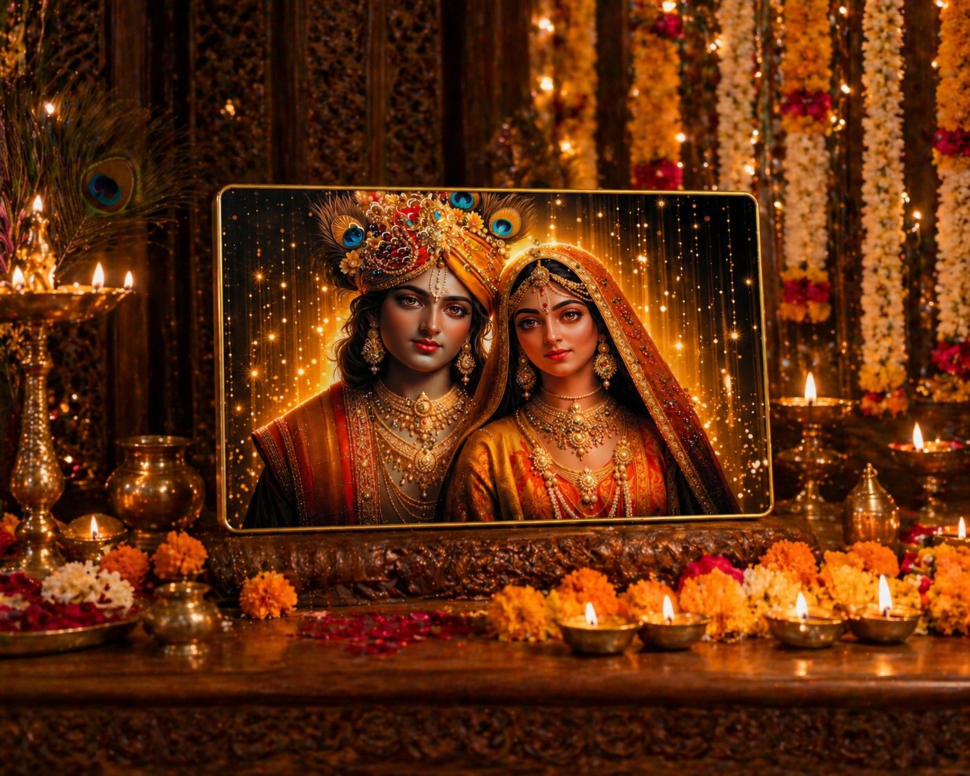 Radha Krishna Crystal Painting | Divine Love Wall Art | Premium Golden Sparkle Frame Decor
