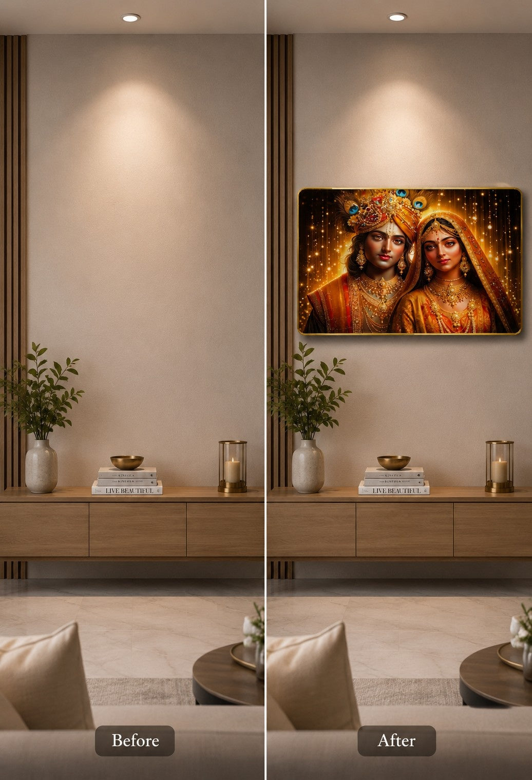 Radha Krishna Crystal Painting | Divine Love Wall Art | Premium Golden Sparkle Frame Decor
