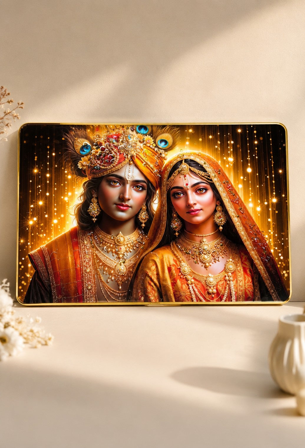 Radha Krishna Crystal Painting | Divine Love Wall Art | Premium Golden Sparkle Frame Decor