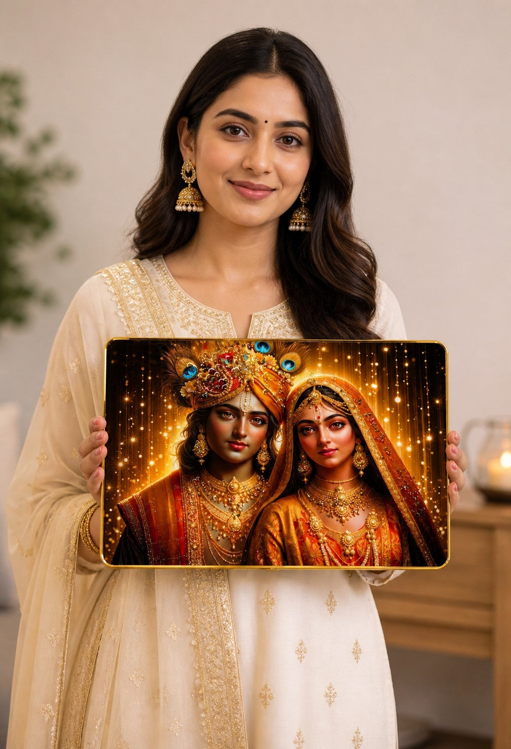Radha Krishna Crystal Painting | Divine Love Wall Art | Premium Golden Sparkle Frame Decor