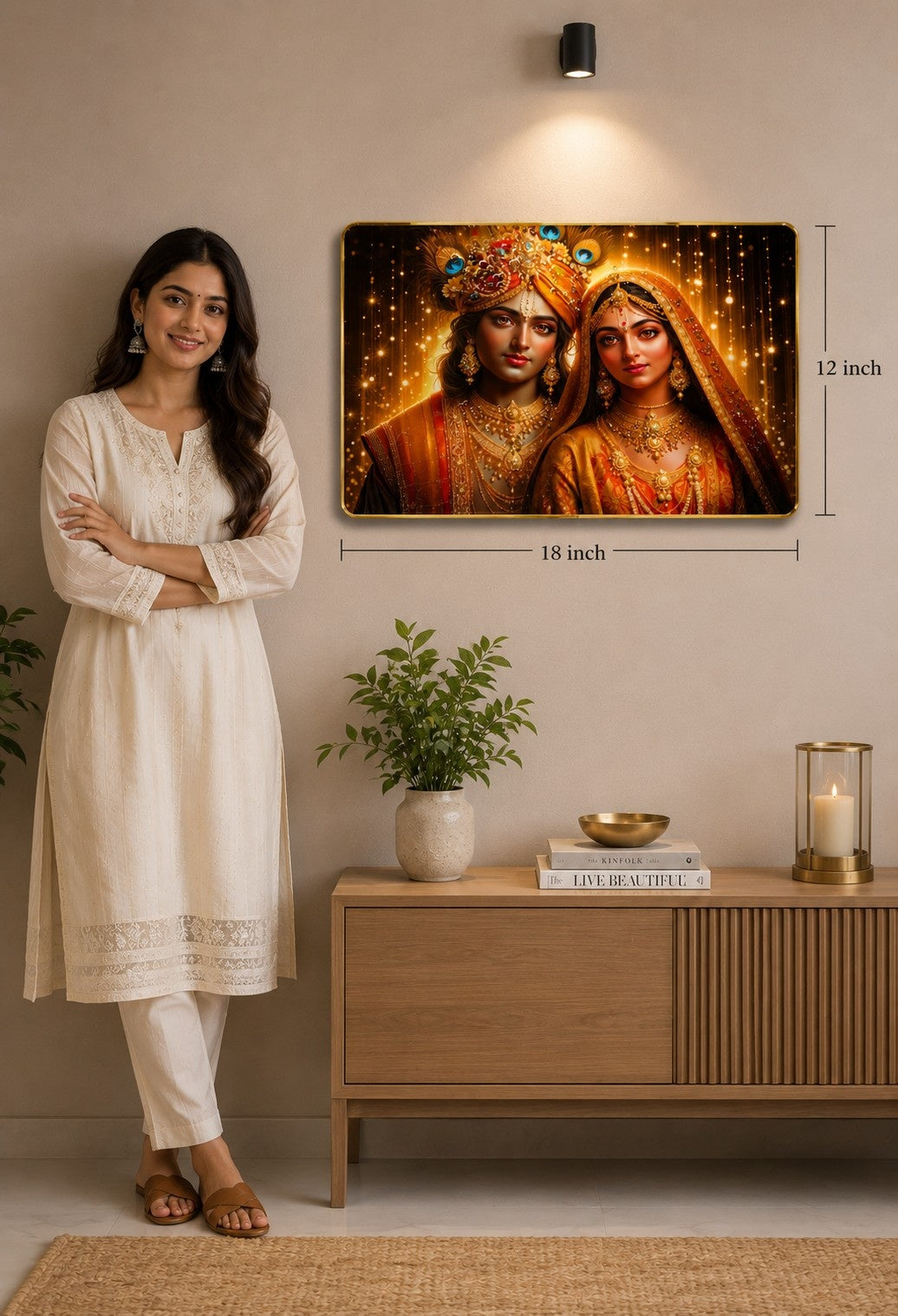 Radha Krishna Crystal Painting | Divine Love Wall Art | Premium Golden Sparkle Frame Decor