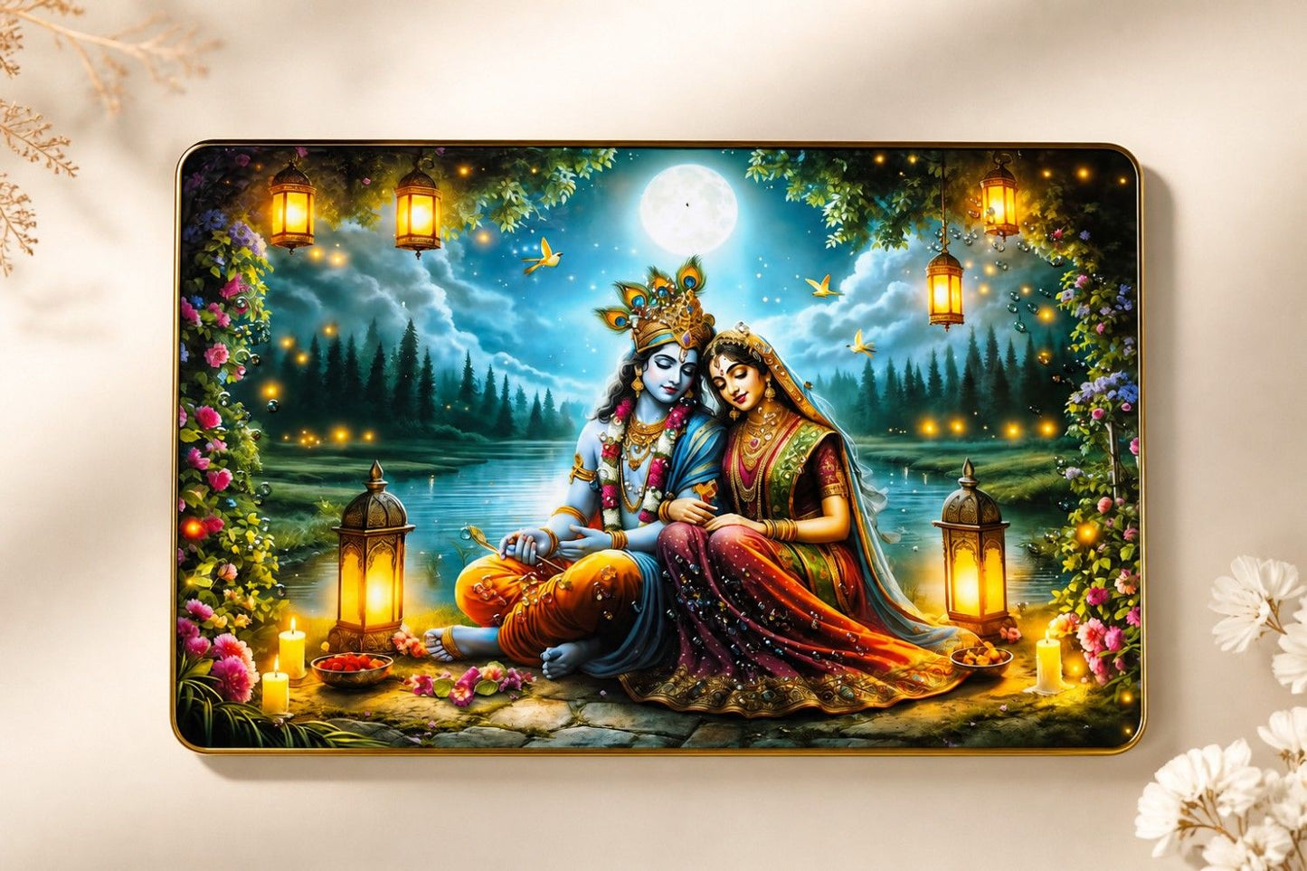 Radha Krishna Moonlight Crystal Painting – Divine Love Wall Art