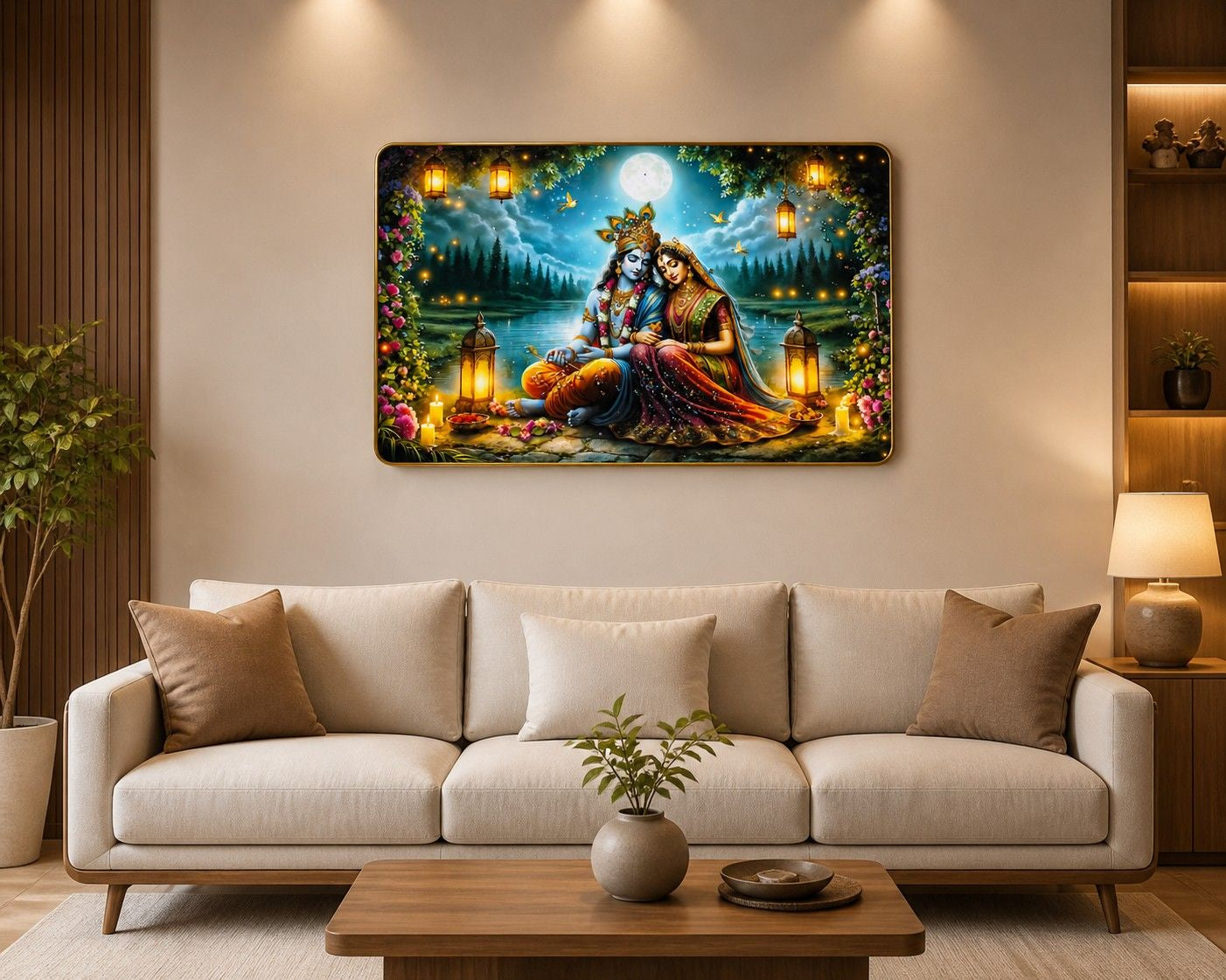 Radha Krishna Moonlight Crystal Painting – Divine Love Wall Art