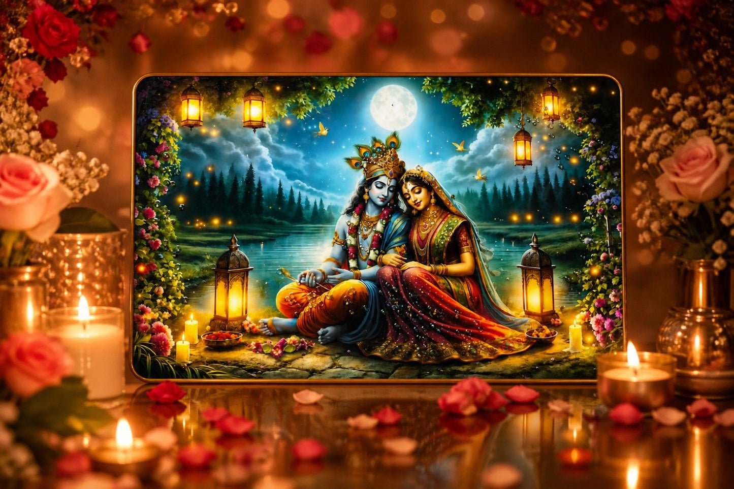 Radha Krishna Moonlight Crystal Painting – Divine Love Wall Art