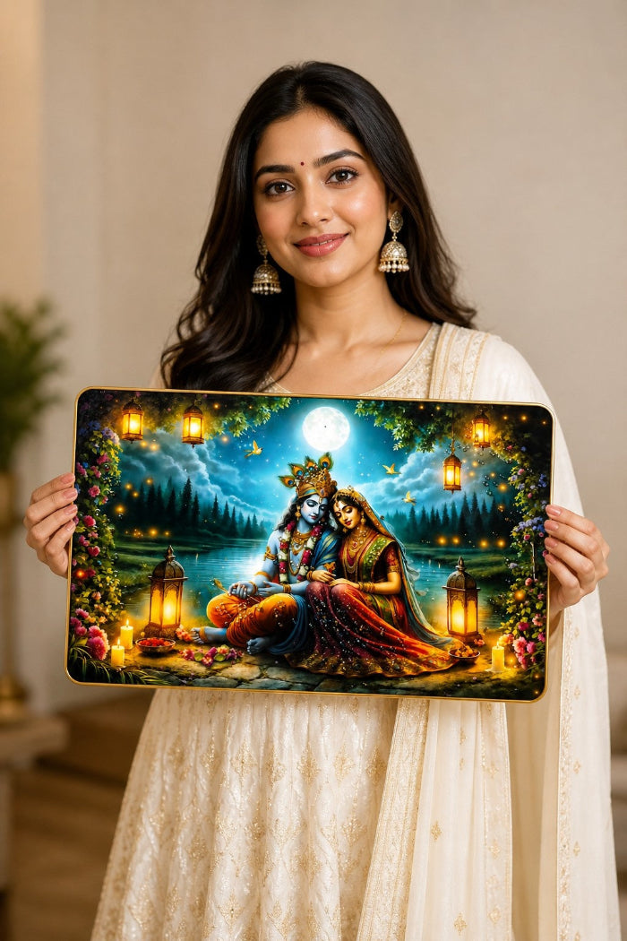Radha Krishna Moonlight Crystal Painting – Divine Love Wall Art