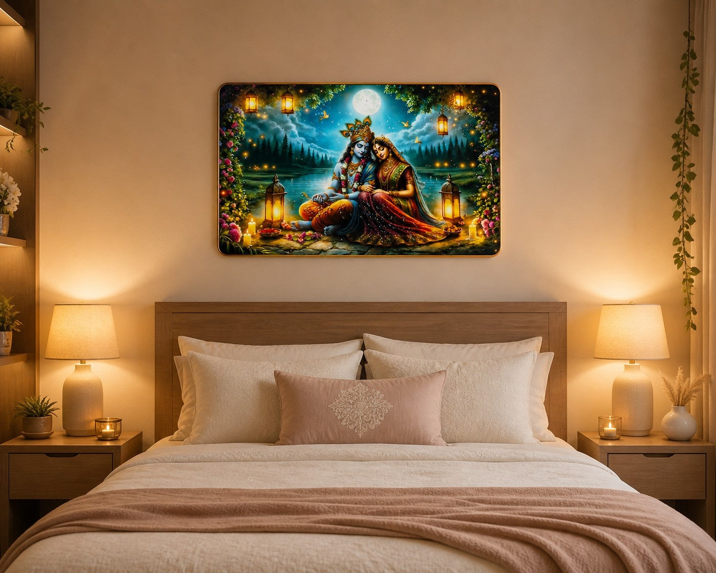 Radha Krishna Moonlight Crystal Painting – Divine Love Wall Art