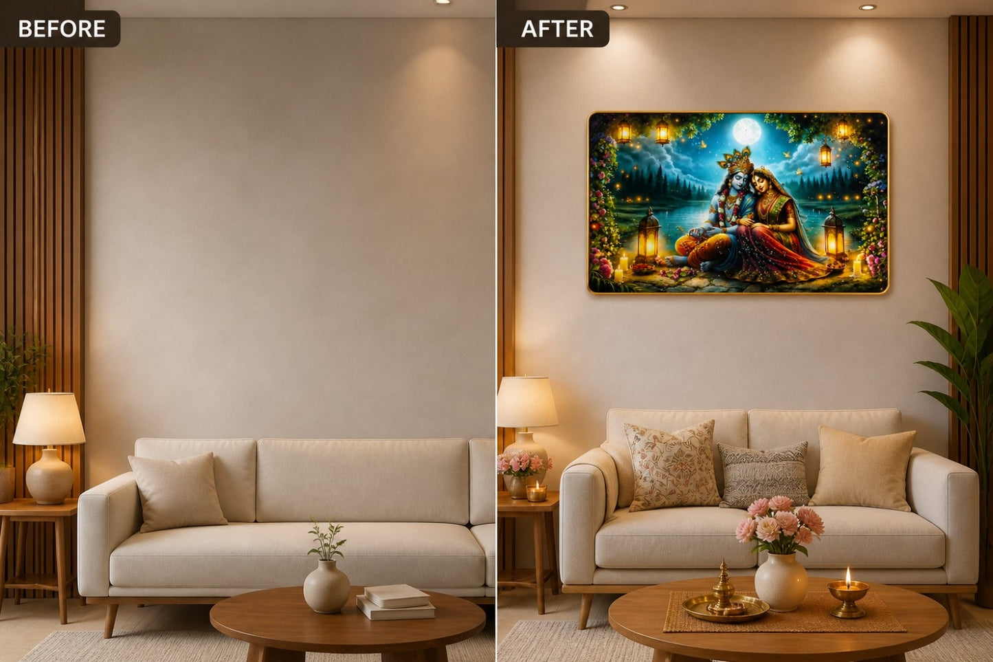 Radha Krishna Moonlight Crystal Painting – Divine Love Wall Art