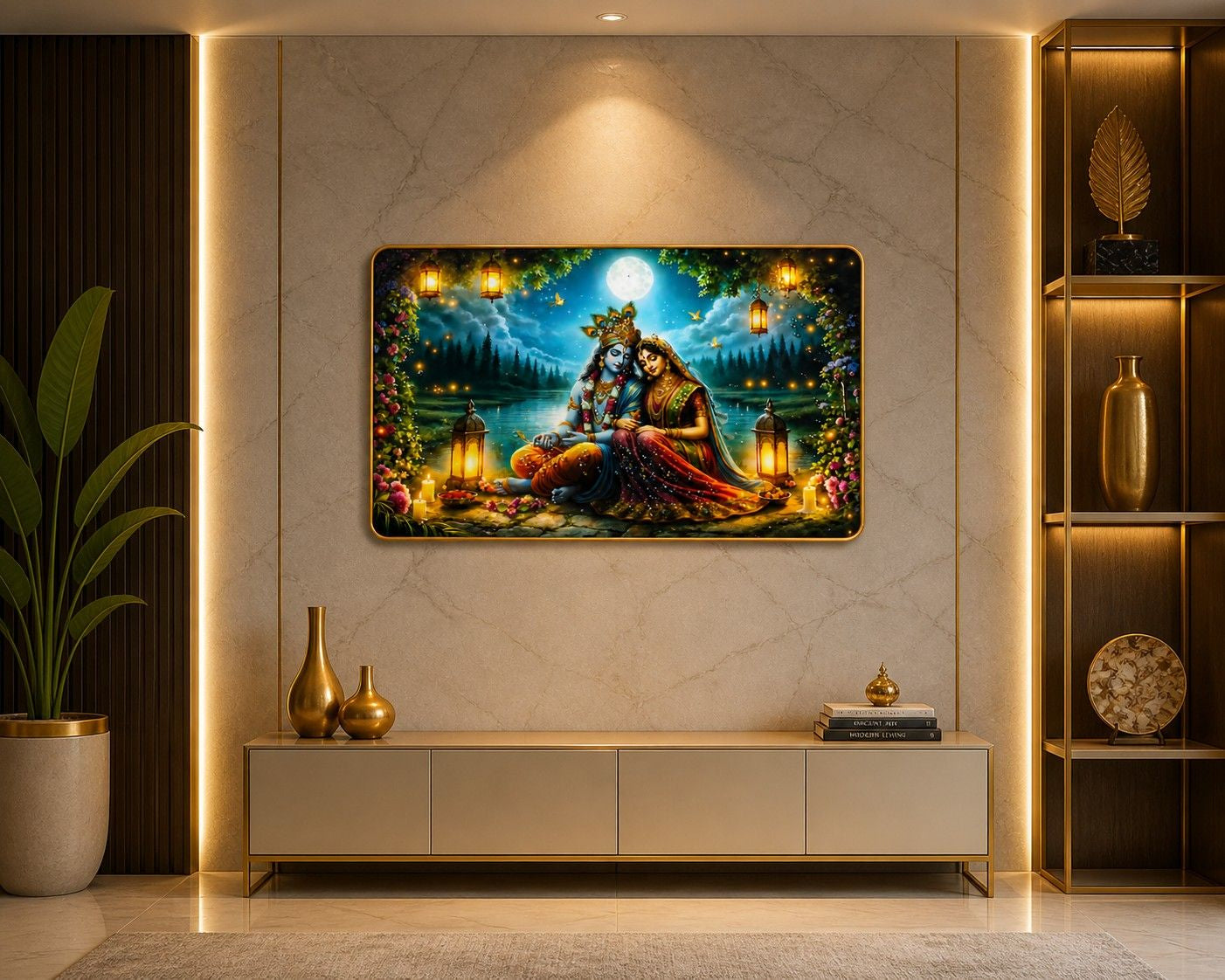 Radha Krishna Moonlight Crystal Painting – Divine Love Wall Art