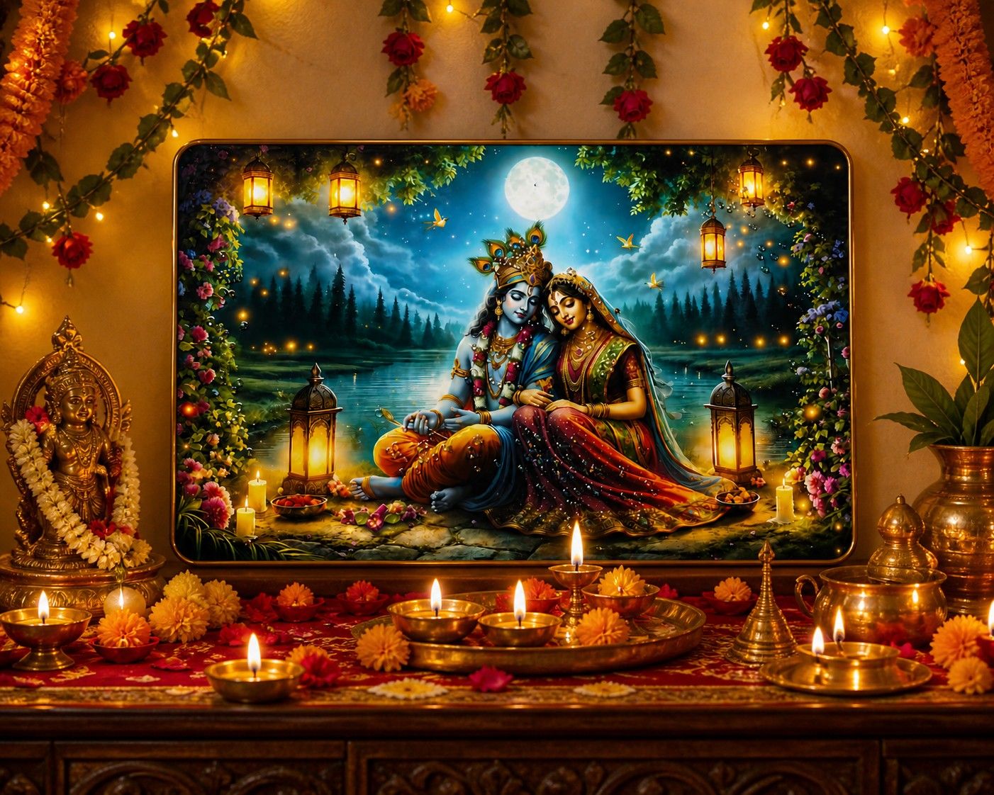 Radha Krishna Moonlight Crystal Painting – Divine Love Wall Art