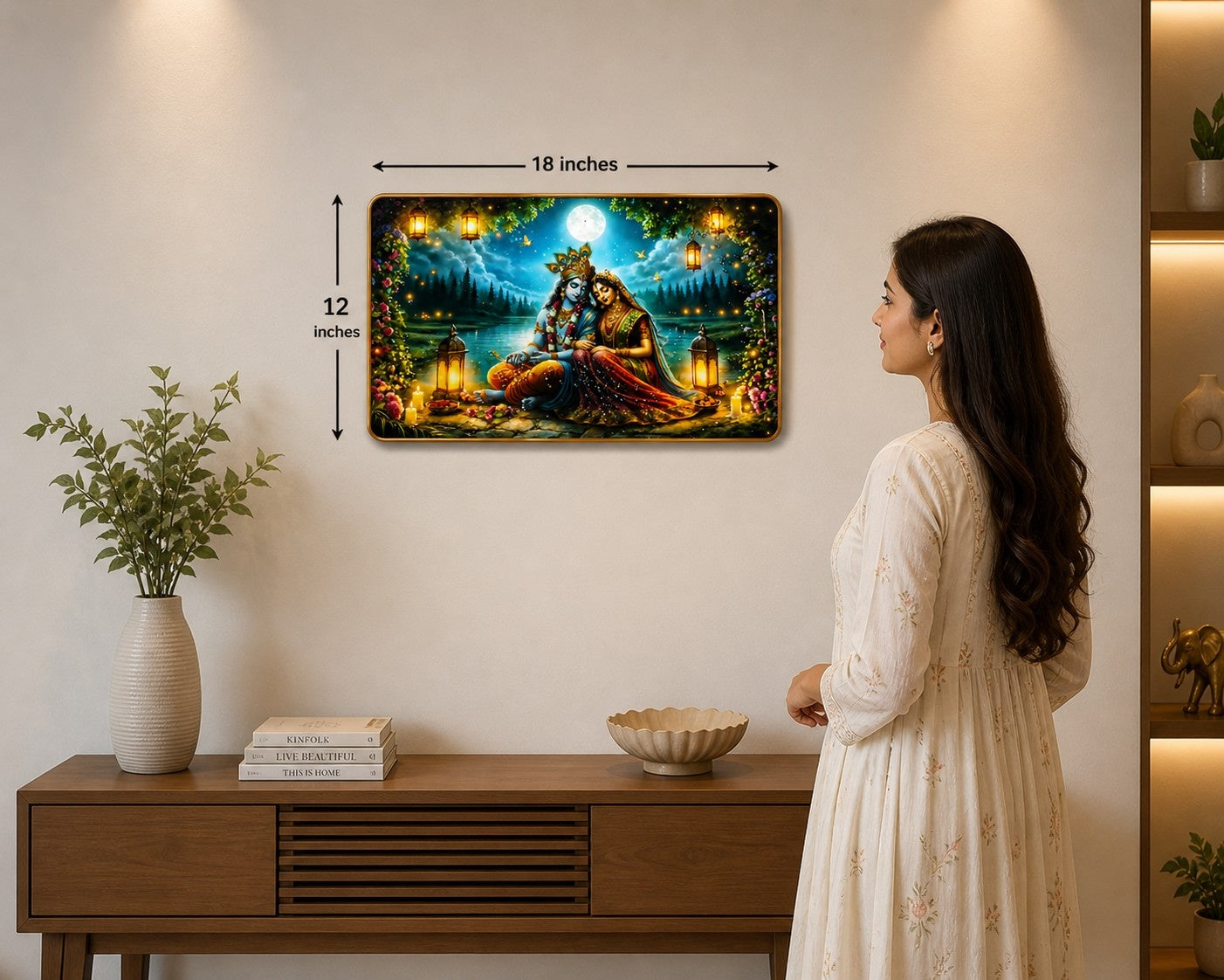 Radha Krishna Moonlight Crystal Painting – Divine Love Wall Art