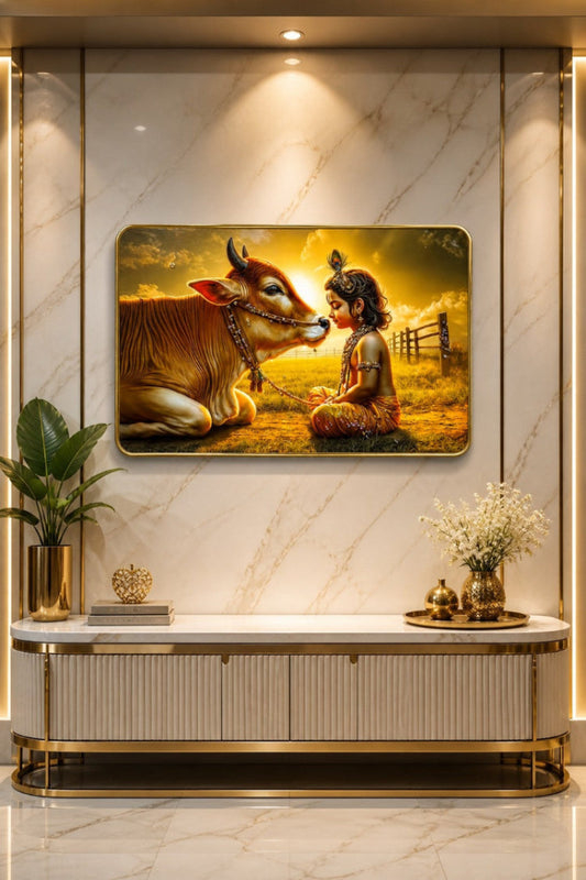Divine Krishna & Cow Crystal Painting – Symbol of Love, Peace & Spiritual Harmony