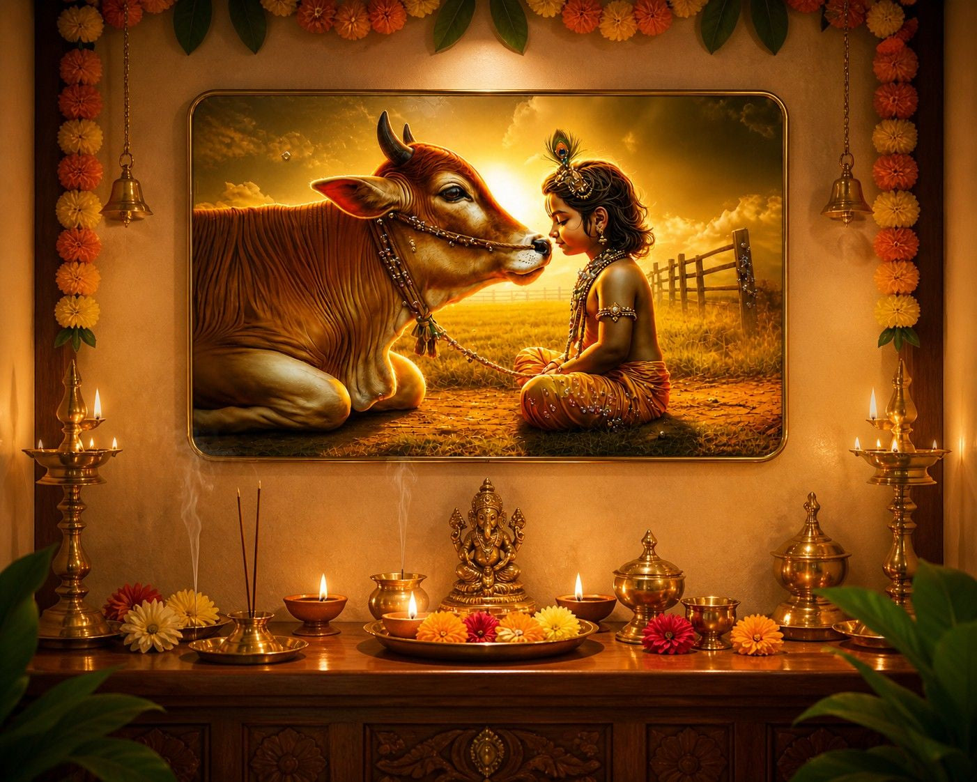 Divine Krishna & Cow Crystal Painting – Symbol of Love, Peace & Spiritual Harmony