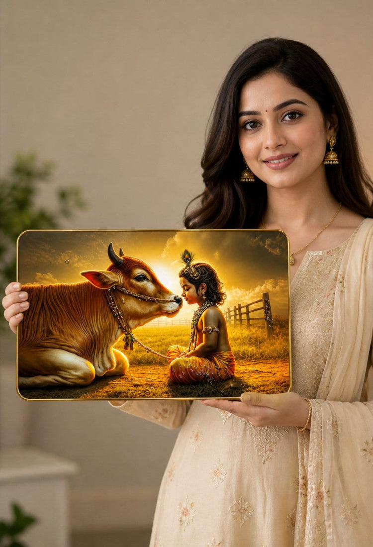 Divine Krishna & Cow Crystal Painting – Symbol of Love, Peace & Spiritual Harmony