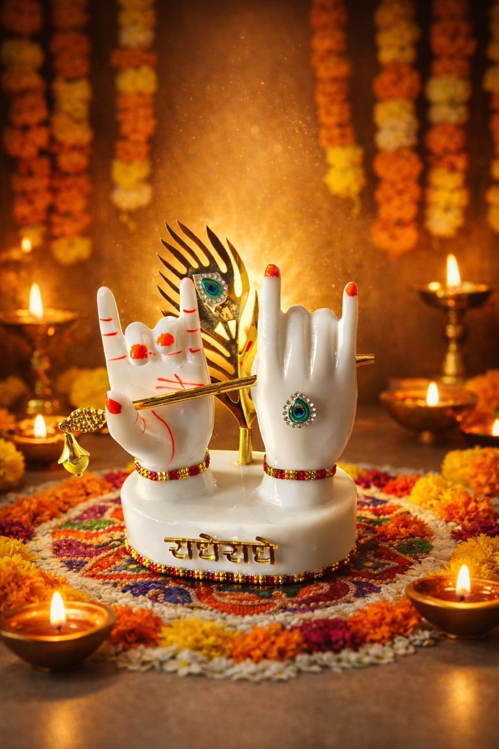 Radha Krishna Marble Hand Murti with Flute & Peacock Feather