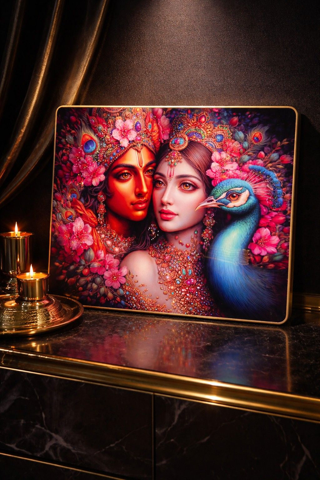 Premium Radha Krishna Crystal Painting with Peacock