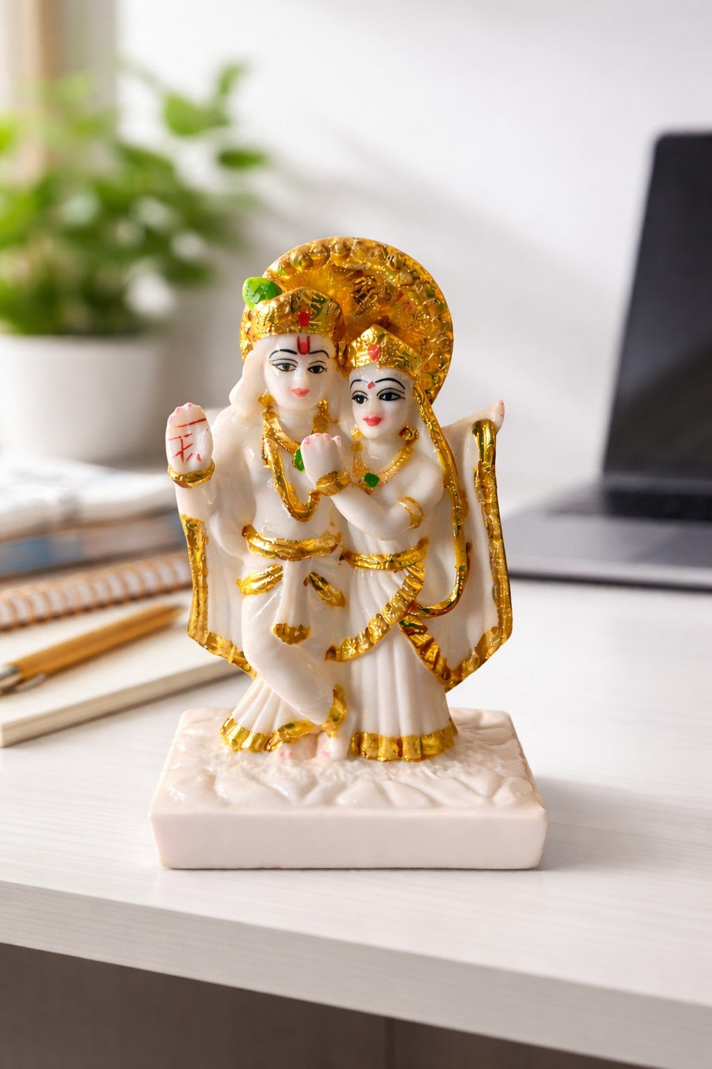 Premium Marble Radha Krishna Murti – White & Gold Finish