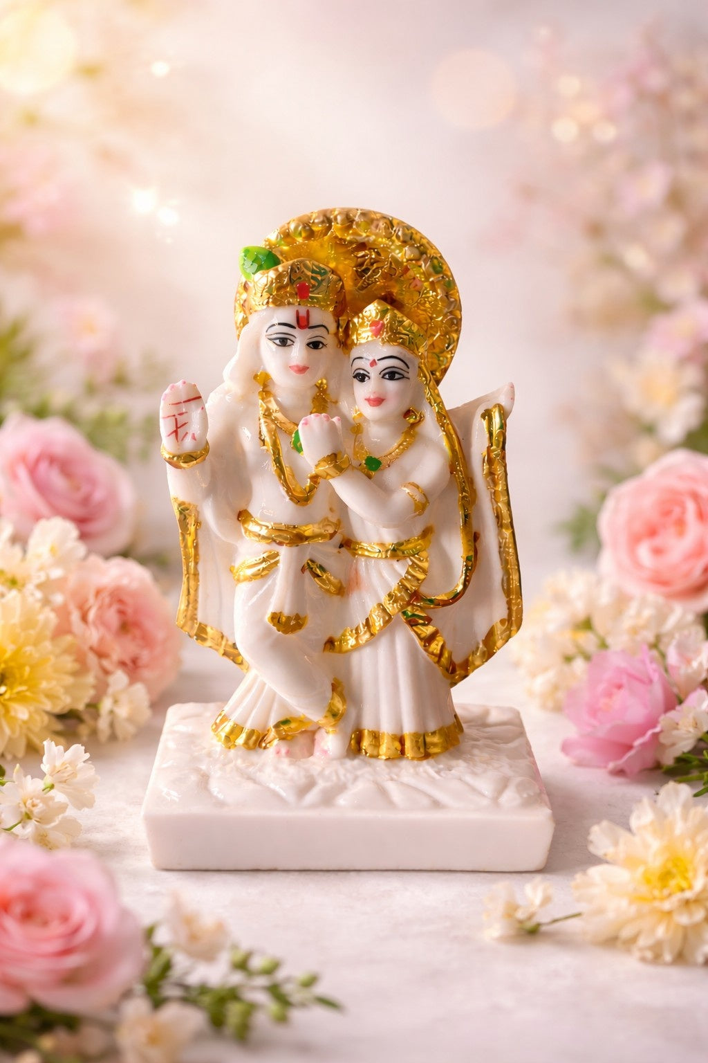 Premium Marble Radha Krishna Murti – White & Gold Finish