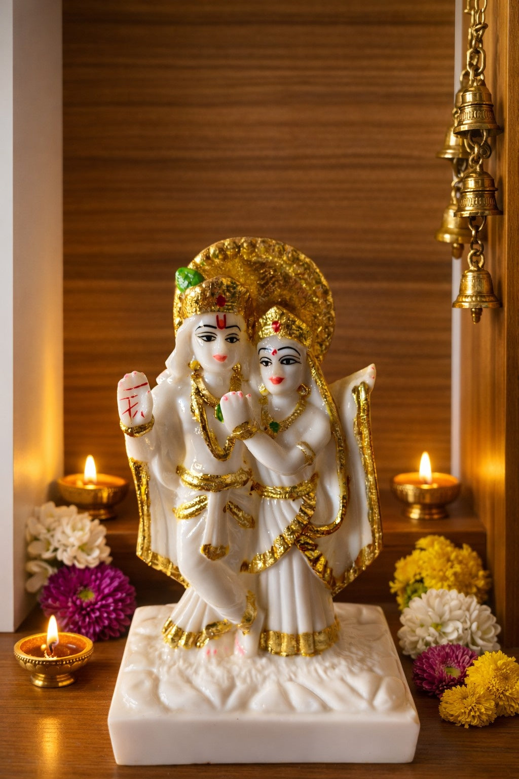 Premium Marble Radha Krishna Murti – White & Gold Finish