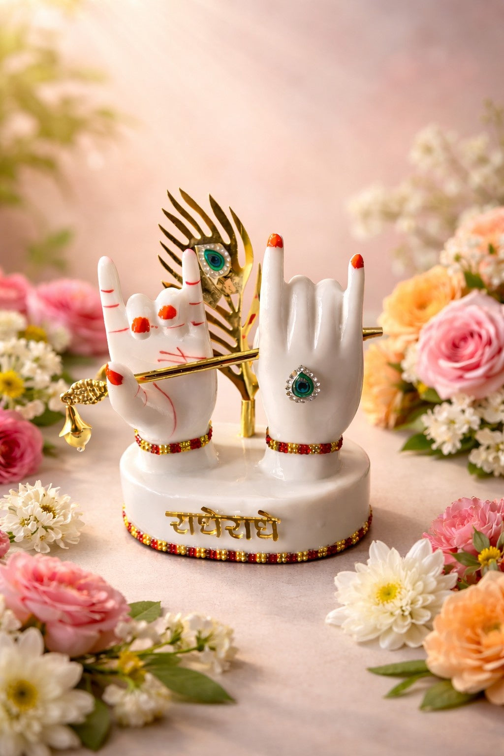 Radha Krishna Marble Hand Murti with Flute & Peacock Feather