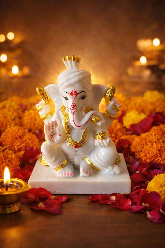 Premium White Marble Lord Ganesha Murti with Gold Detailing