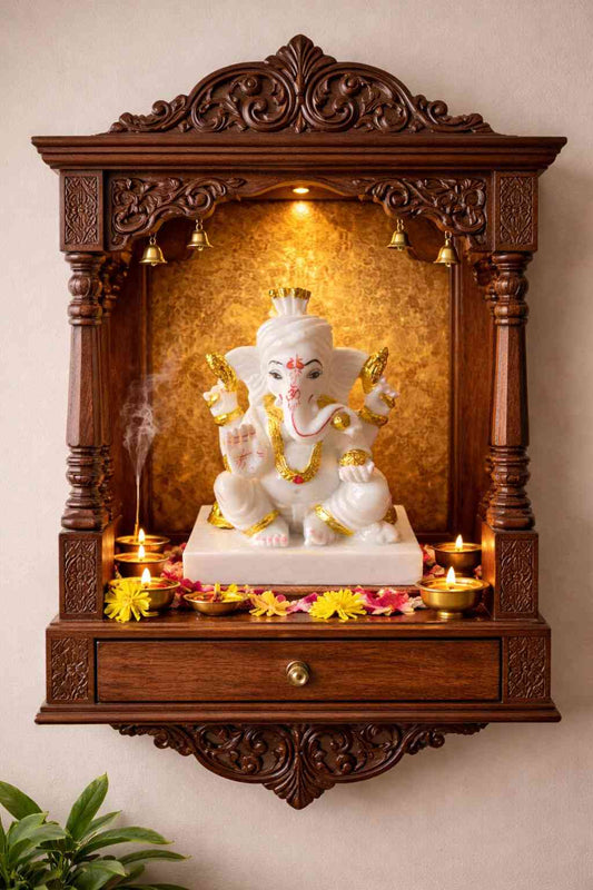 Premium White Marble Lord Ganesha Murti with Gold Detailing
