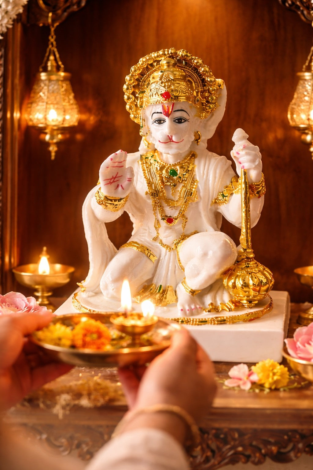 Divine White Marble Hanuman Ji Murti with Golden Finish