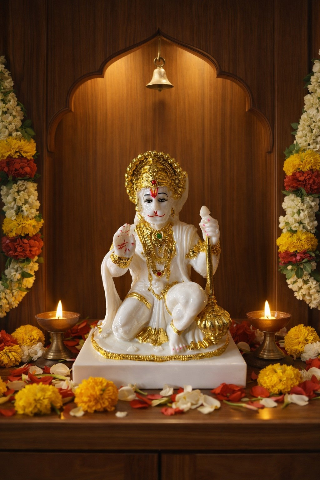 Divine White Marble Hanuman Ji Murti with Golden Finish