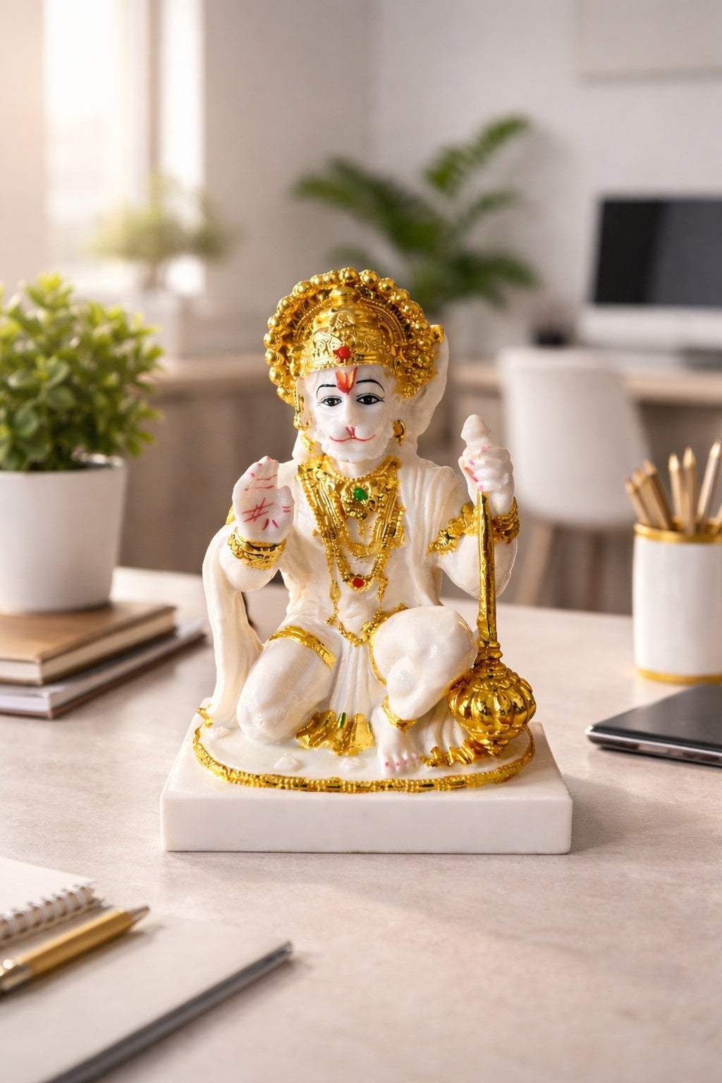 Divine White Marble Hanuman Ji Murti with Golden Finish