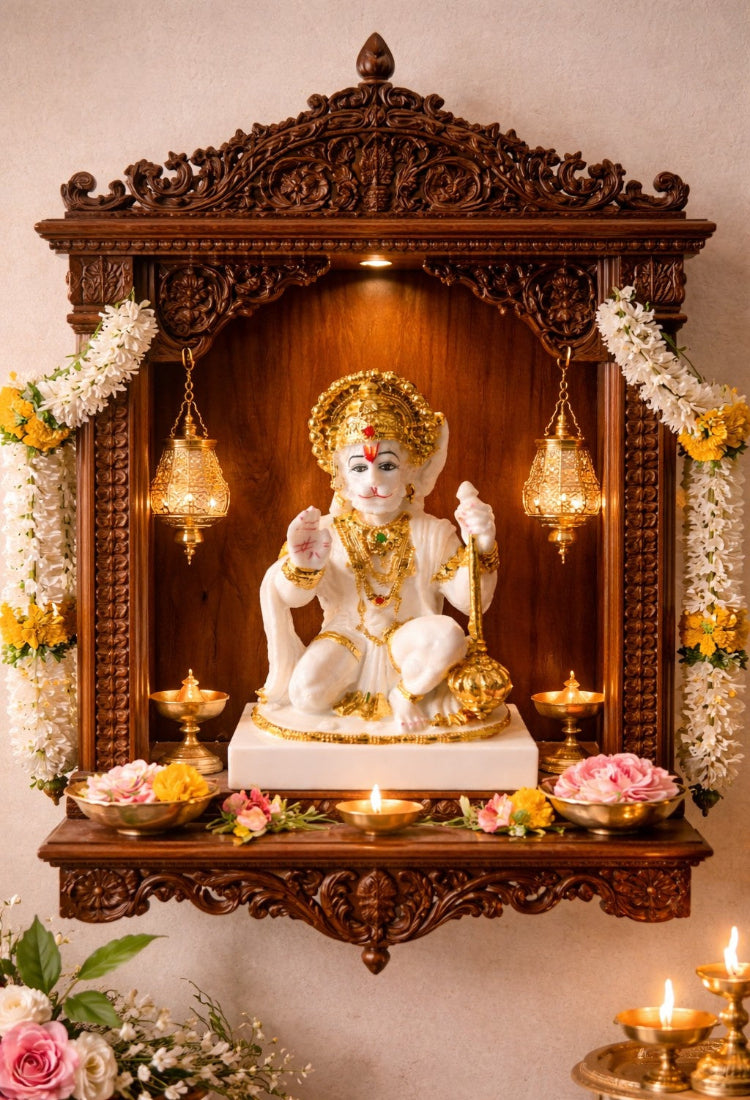 Divine White Marble Hanuman Ji Murti with Golden Finish