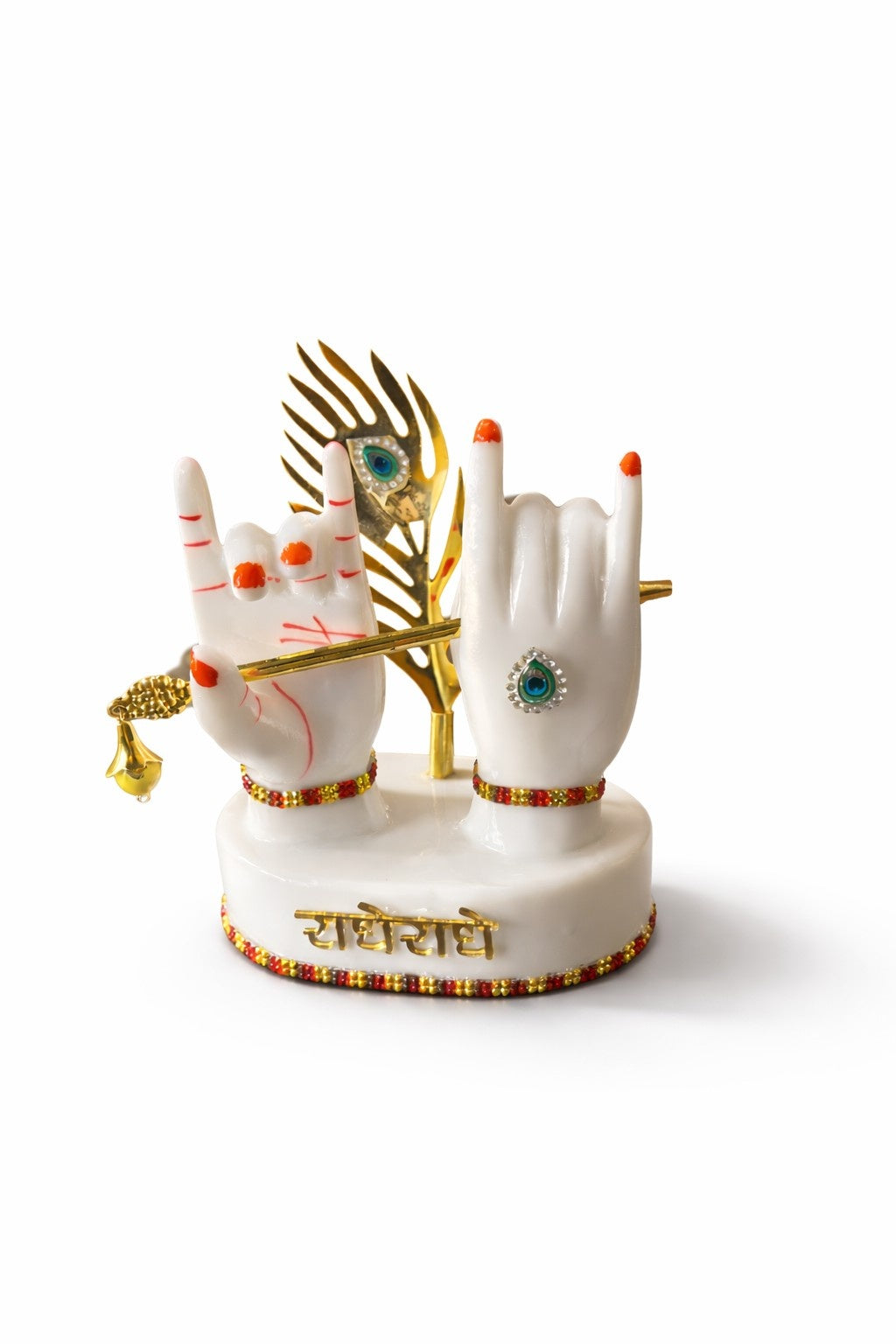 Radha Krishna Marble Hand Murti with Flute & Peacock Feather