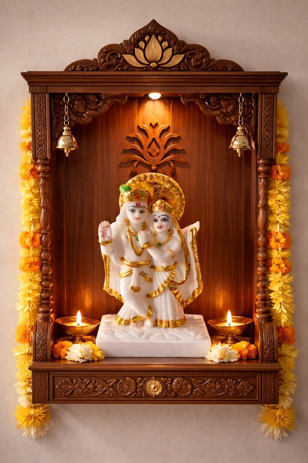 Premium Marble Radha Krishna Murti – White & Gold Finish