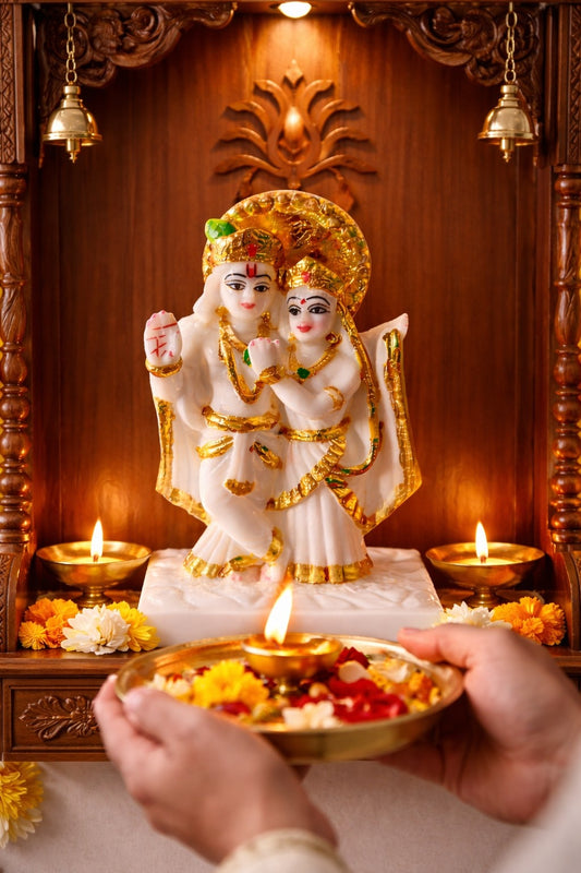 Premium Marble Radha Krishna Murti – White & Gold Finish