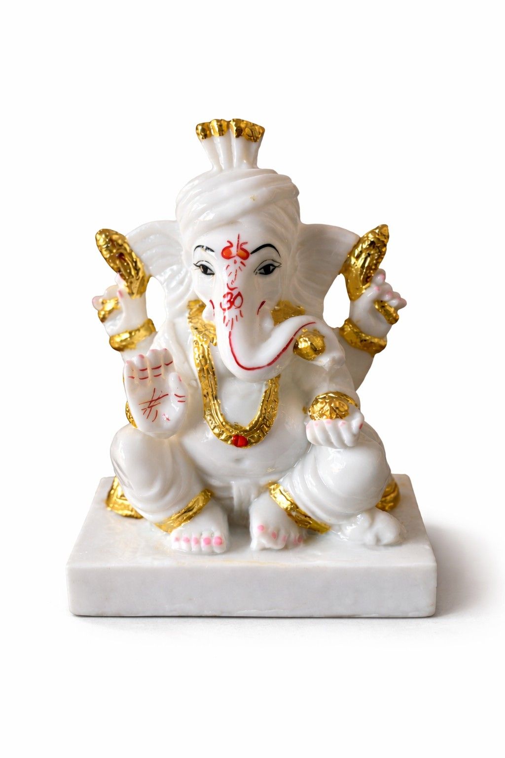Premium White Marble Lord Ganesha Murti with Gold Detailing