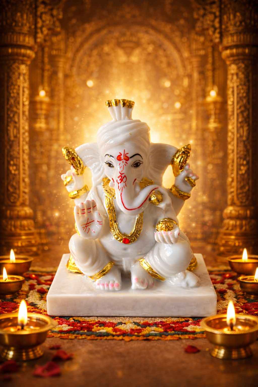 Premium White Marble Lord Ganesha Murti with Gold Detailing