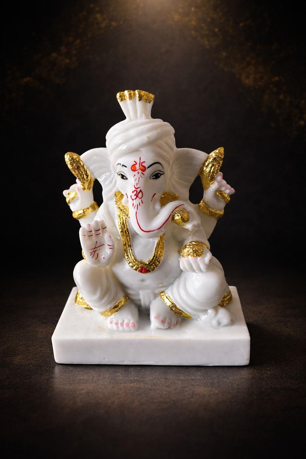 Premium White Marble Lord Ganesha Murti with Gold Detailing