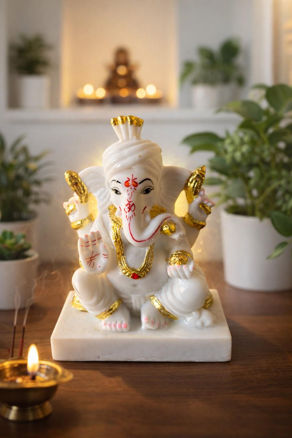 Premium White Marble Lord Ganesha Murti with Gold Detailing