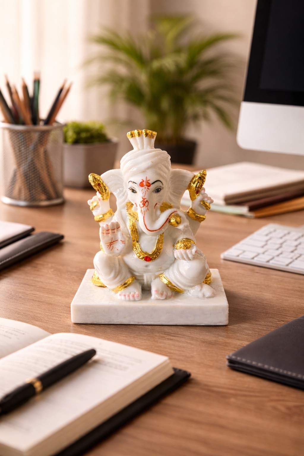 Premium White Marble Lord Ganesha Murti with Gold Detailing
