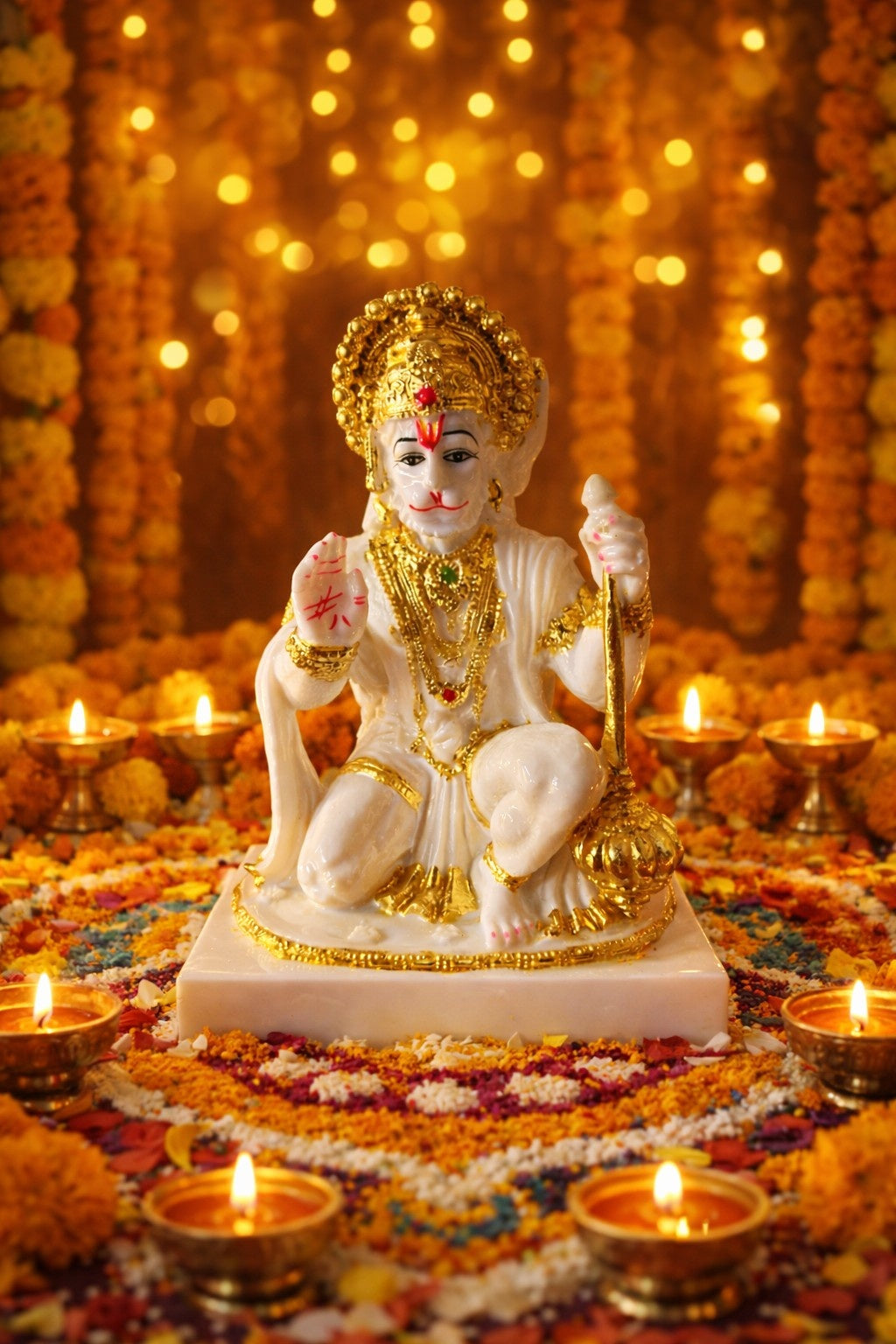 Divine White Marble Hanuman Ji Murti with Golden Finish