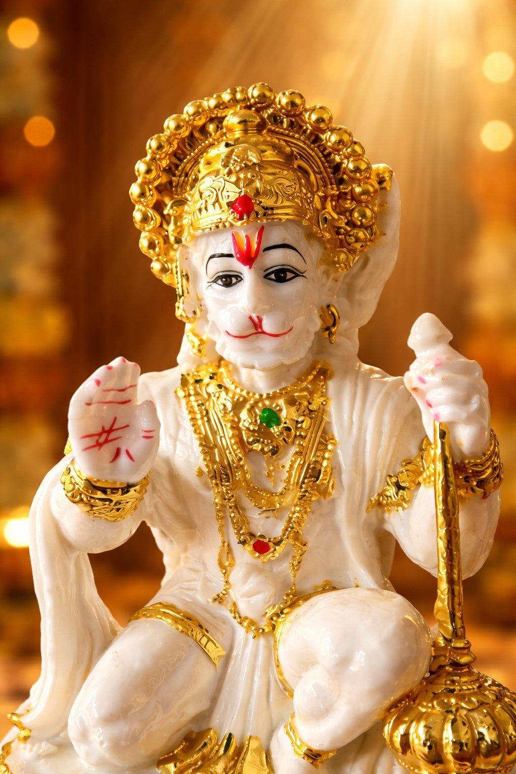 Divine White Marble Hanuman Ji Murti with Golden Finish