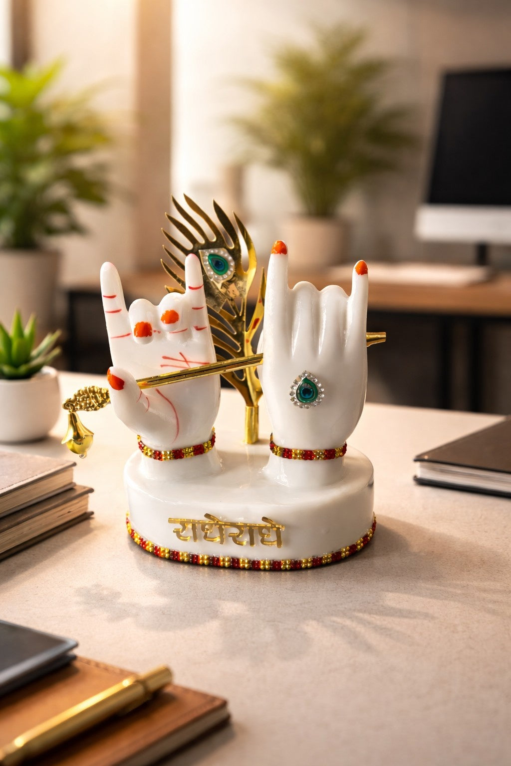 Radha Krishna Marble Hand Murti with Flute & Peacock Feather