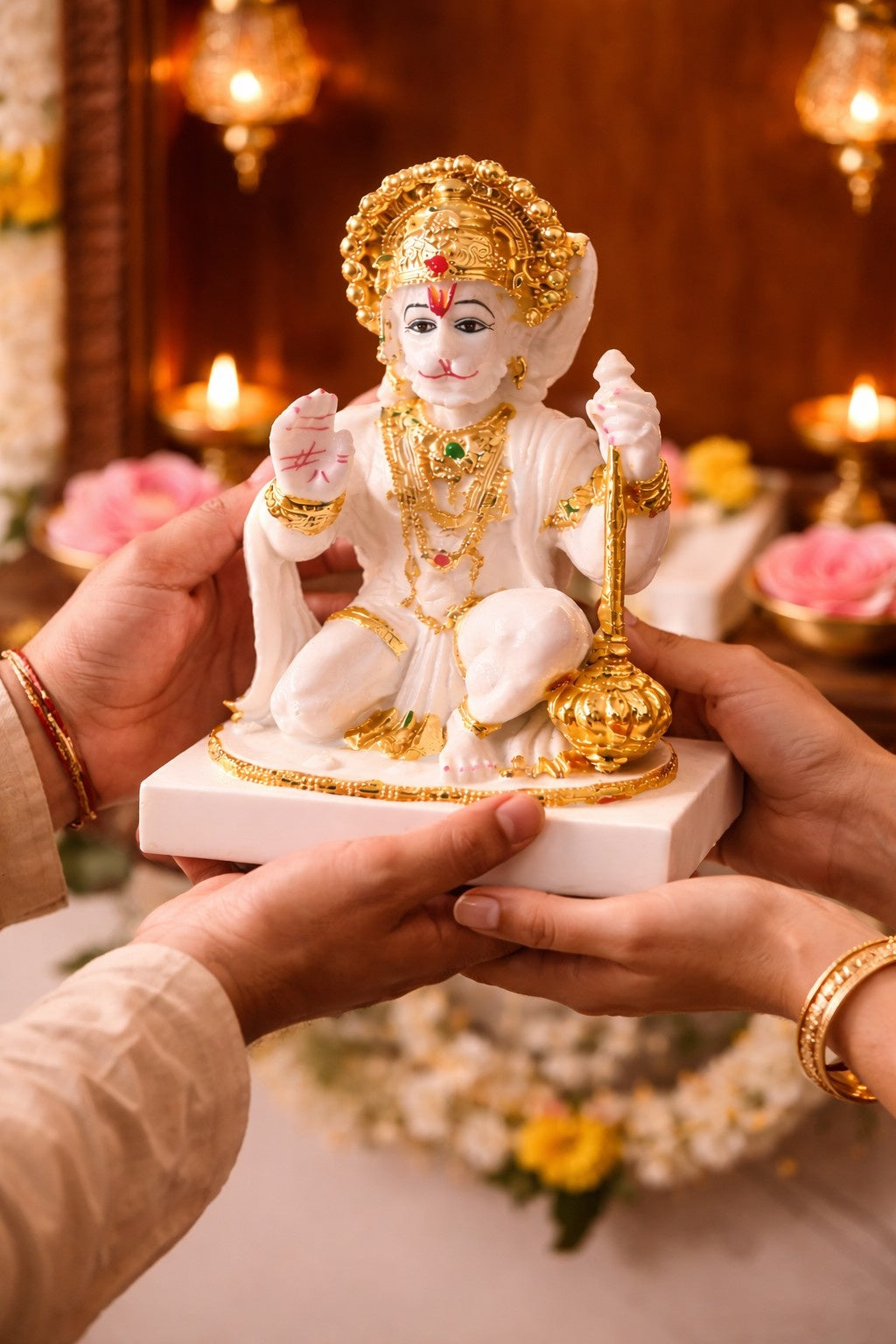 Divine White Marble Hanuman Ji Murti with Golden Finish